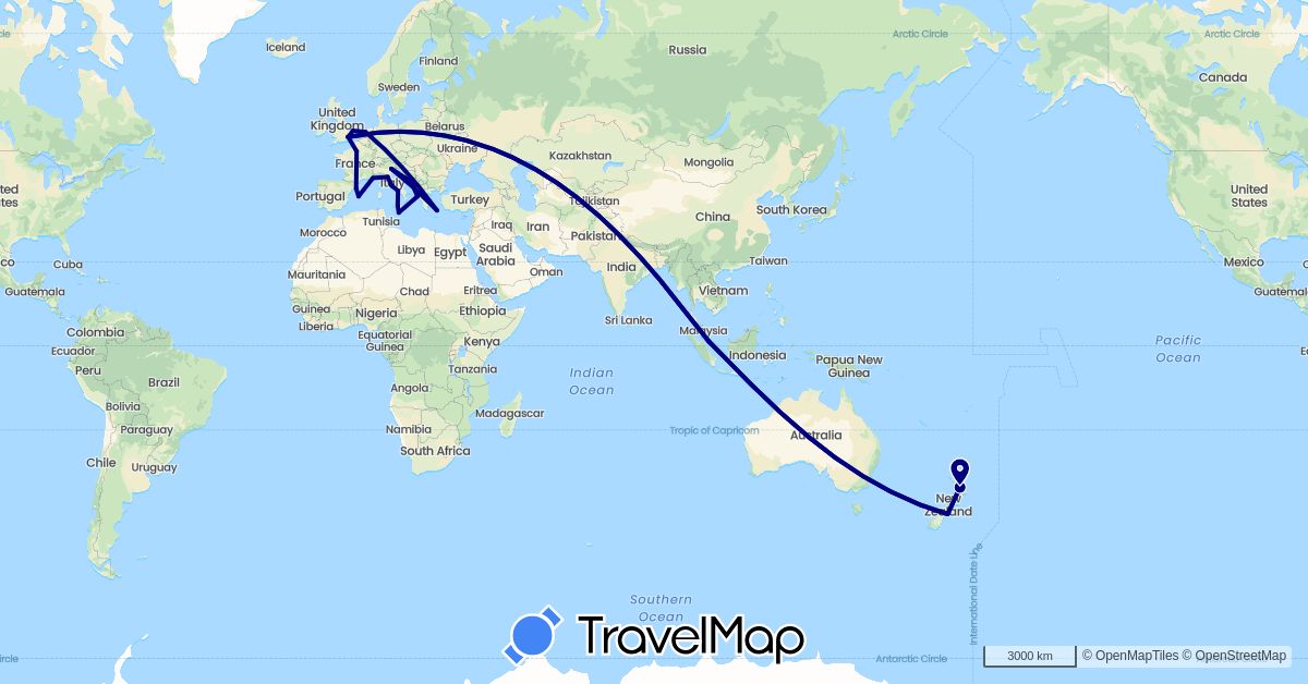 TravelMap itinerary: driving in Spain, France, United Kingdom, Greece, Croatia, Italy, Malta, Netherlands, New Zealand, Singapore (Asia, Europe, Oceania)
